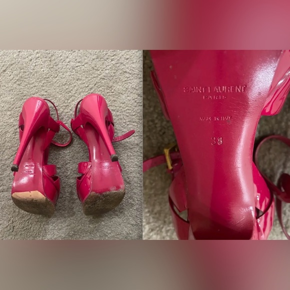 YSL Saint Laurent Hot Pink Magenta Patent Tribute T-Strap Platform Sandals $995! - Picture 12 of 12
